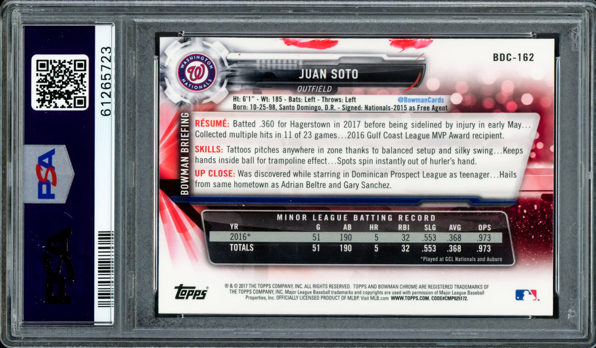 Juan Soto Autographed 2017 Bowman Draft Chrome Rookie Card #BDC162 New York Mets PSA 8 "2019 WS Champs" PSA/DNA #61265723
