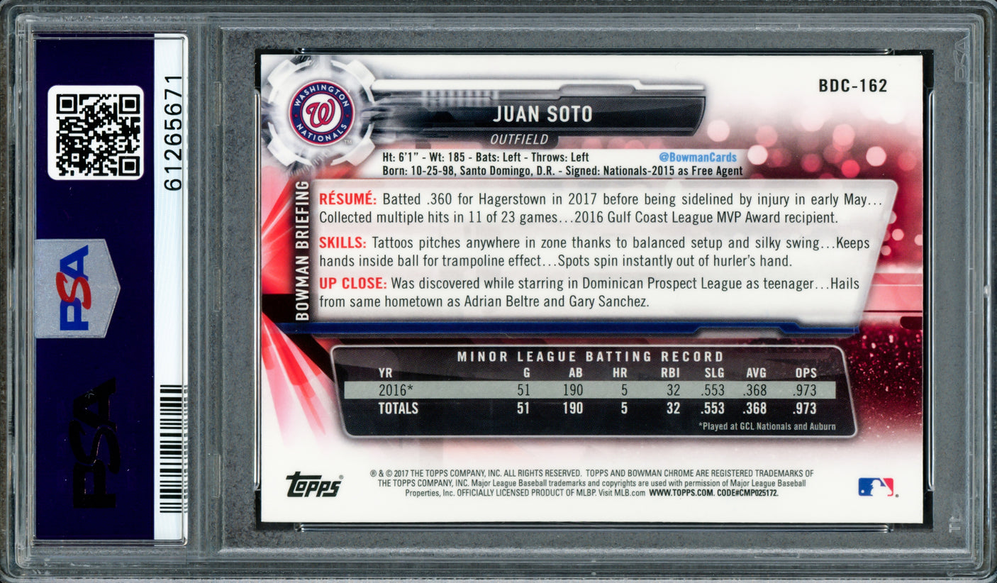 Juan Soto Autographed 2017 Bowman Draft Chrome Rookie Card #BDC162 New York Yankees PSA 9 Auto Grade Gem Mint 10 PSA/DNA #61265671