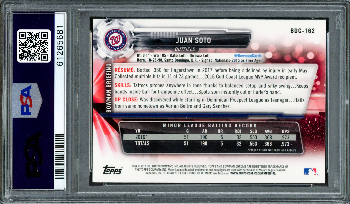 Juan Soto Autographed 2017 Bowman Draft Chrome Rookie Card #BDC162 New York Mets PSA 9 (Bubbling) PSA/DNA #61265681