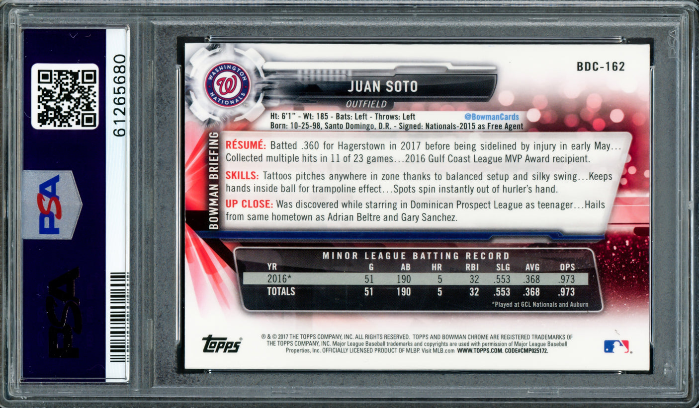 Juan Soto Autographed 2017 Bowman Draft Chrome Rookie Card #BDC162 New York Mets PSA 9 (Bubbling) PSA/DNA #61265680