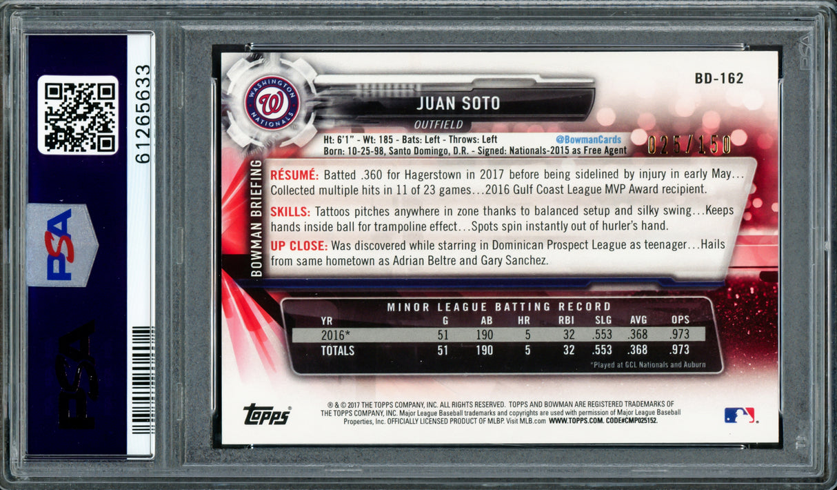 Juan Soto Autographed 2017 Bowman Draft Blue Rookie Card #BDC162 New York Mets PSA 8 #25/150 PSA/DNA #61265633