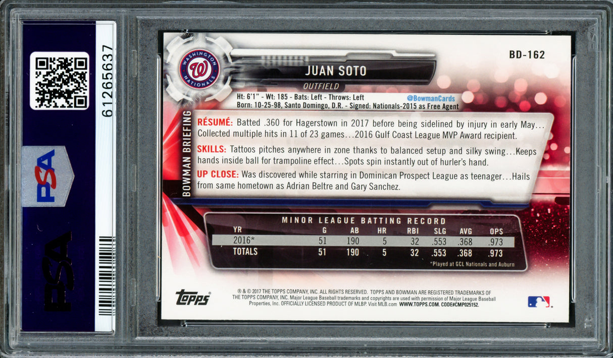 Juan Soto Autographed 2017 Bowman Draft Rookie Card #BDC162 New York Yankees PSA 10 PSA/DNA #61265637