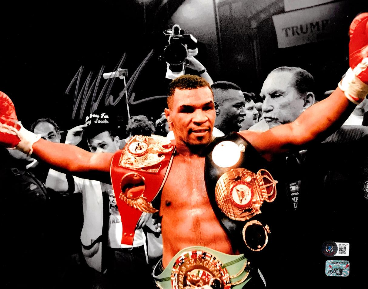 Mike Tyson Autographed 11x14 Photo With Belts Beckett BAS Stock #206983