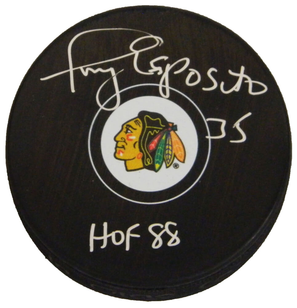 Tony Esposito Signed Chicago Blackhawks Logo Hockey Puck w/HOF 88