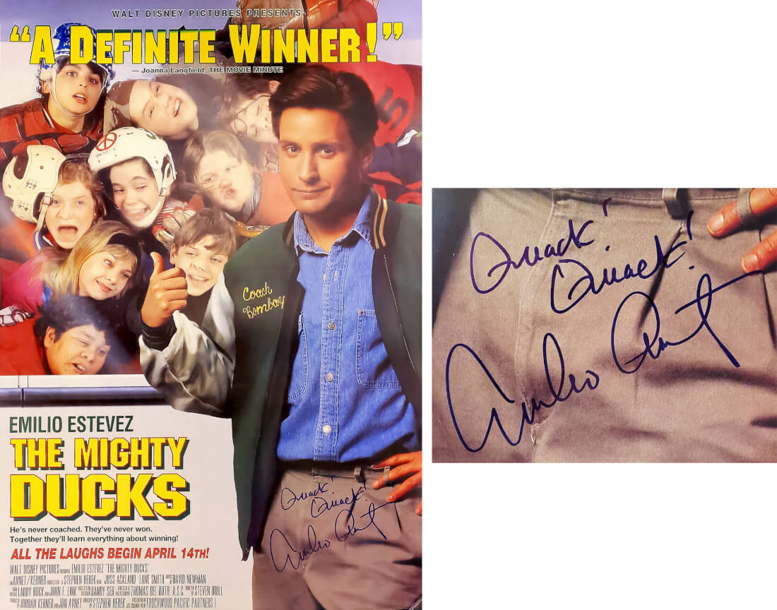 Emilio Estevez Signed The Mighty Ducks 27x40 Full Size Movie Poster w/Quack, Quack