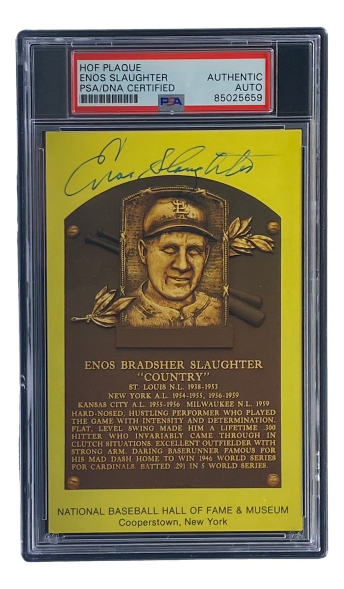 Enos Slaughter Signed 4x6 St Louis Cardinals HOF Plaque Card PSA/DNA 85025659 - Sports Integrity
