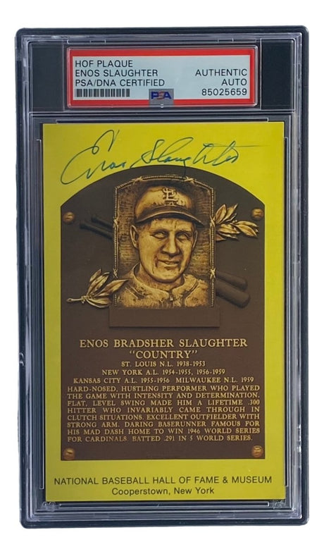 Enos Slaughter Signed 4x6 St Louis Cardinals HOF Plaque Card PSA/DNA 85025659 - Sports Integrity
