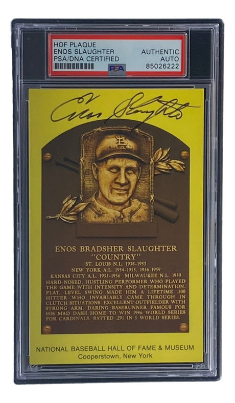 Enos Slaughter Signed 4x6 St Louis Cardinals HOF Plaque Card PSA/DNA 85026222 - Sports Integrity