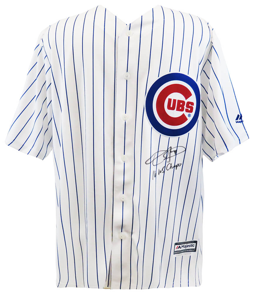 Dexter Fowler Signed Chicago Cubs White Pinstripe Majestic Replica Baseball Jersey w/2016 WS Champs