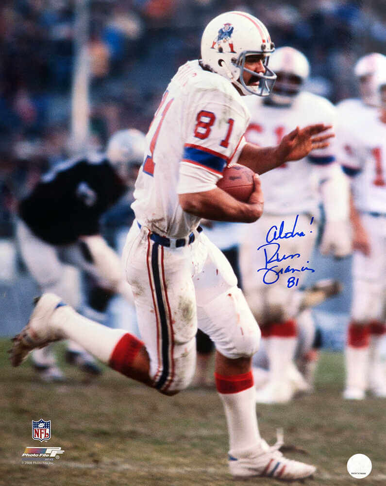 Russ Francis Signed New England Patriots White Jersey Action 16x20 Photo w/Aloha