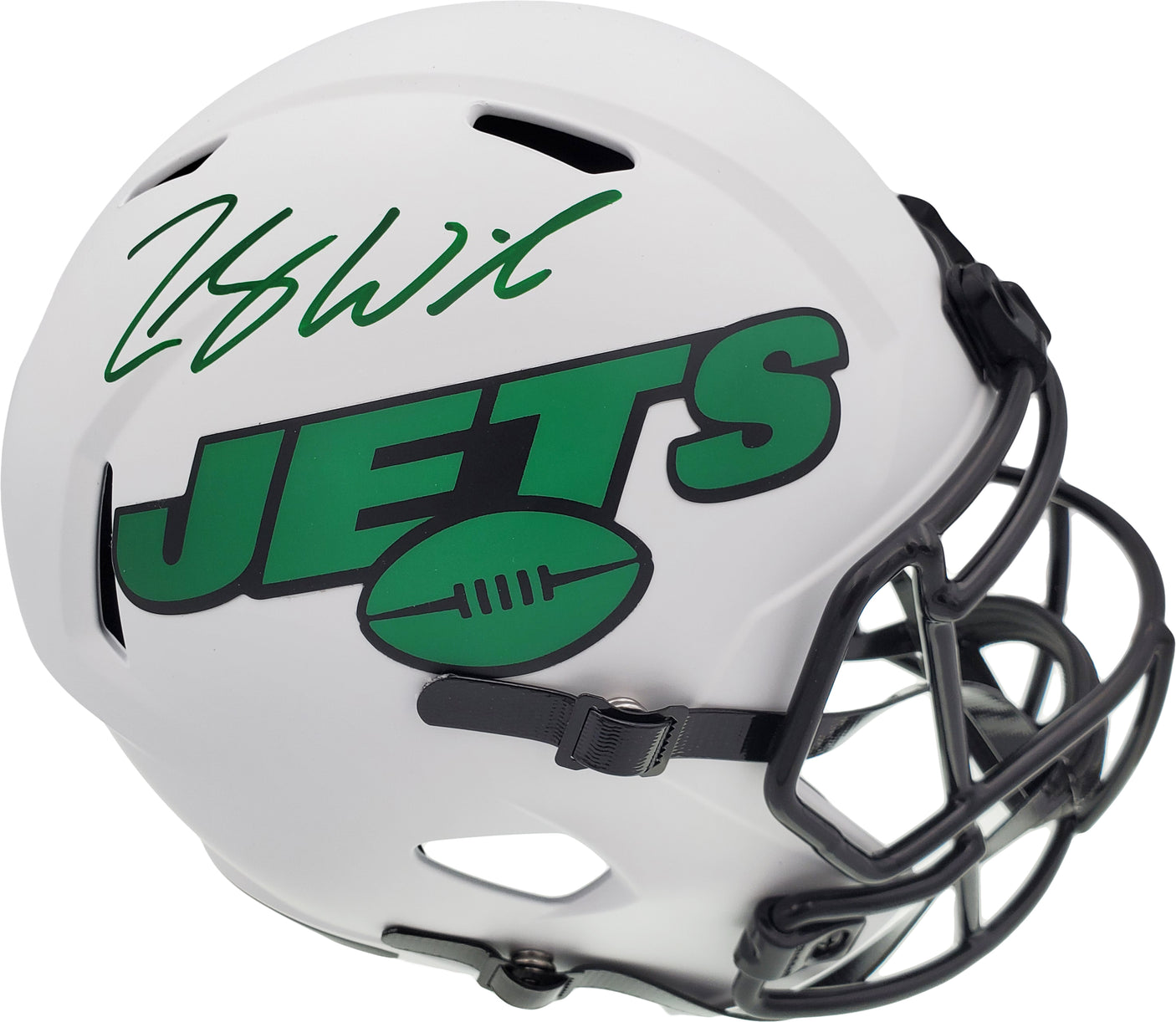 Zach Wilson Autographed New York Jets Lunar Eclipse White Full Size Replica Speed Helmet Beckett BAS QR Stock #194728