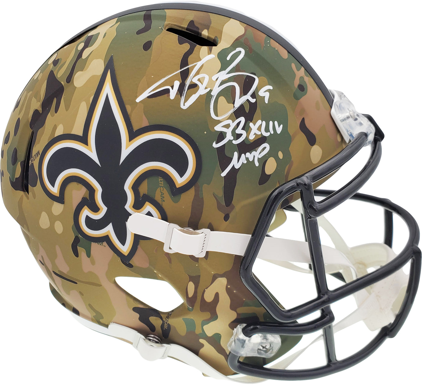 Drew Brees Autographed New Orleans Saints Camo Full Size Replica Speed Helmet "SB XLIV MVP" Beckett BAS Stock #191124