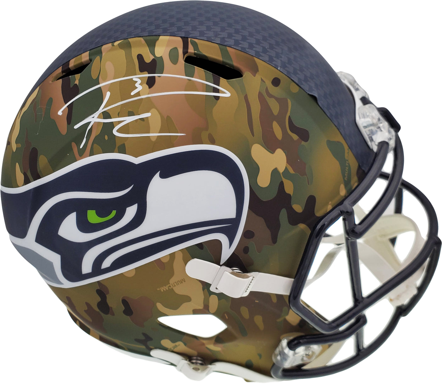 Russell Wilson Autographed Seattle Seahawks Camo Full Size Replica Speed Helmet RW Holo & Beckett BAS Stock #182232
