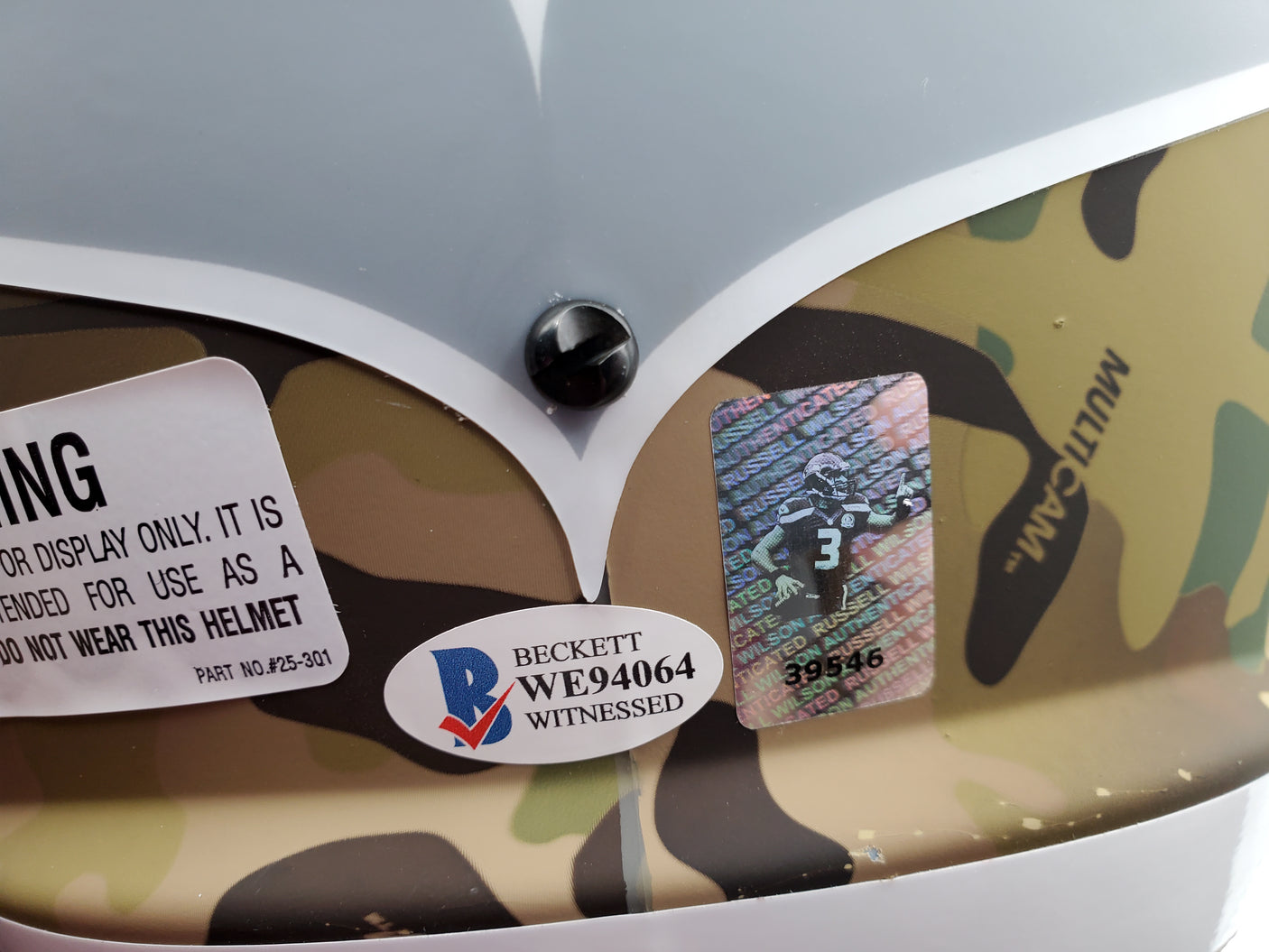 Russell Wilson Autographed Seattle Seahawks Camo Full Size Replica Speed Helmet RW Holo & Beckett BAS Stock #182232