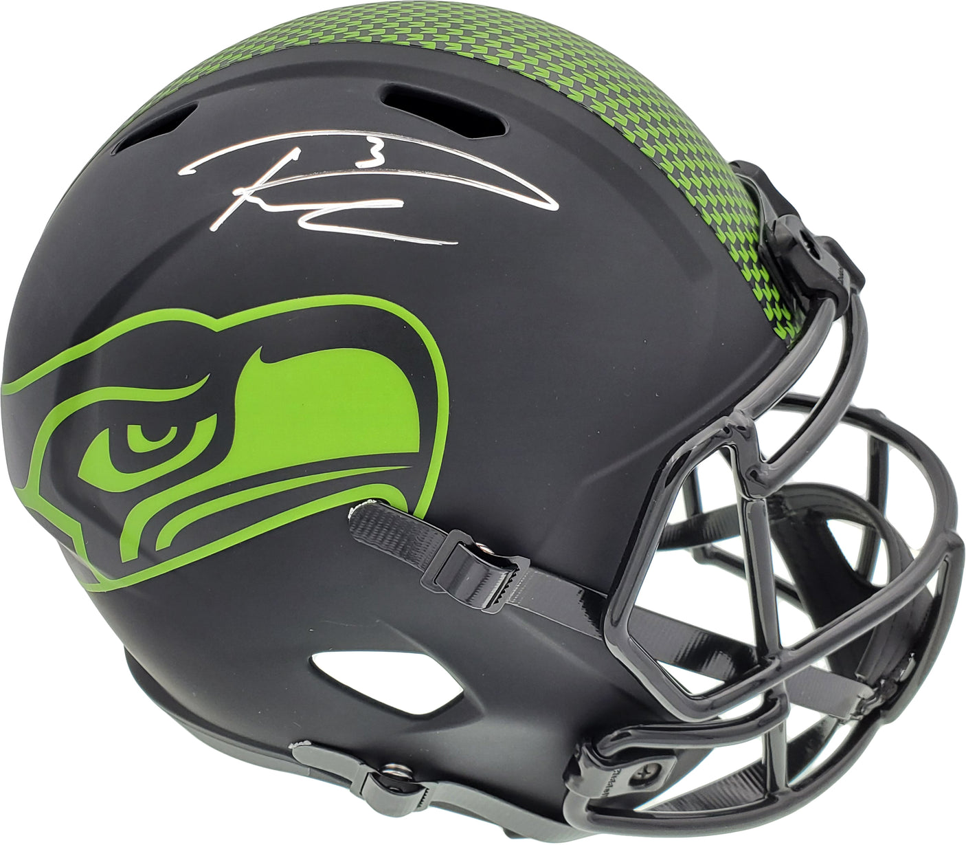 Russell Wilson Autographed Seattle Seahawks Eclipse Black Full Size Speed Replica Helmet In Silver RW Holo Stock #178956