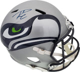 Russell Wilson Autographed Seattle Seahawks Gray AMP Full Size Speed Replica Helmet In Blue RW Holo Stock #159113