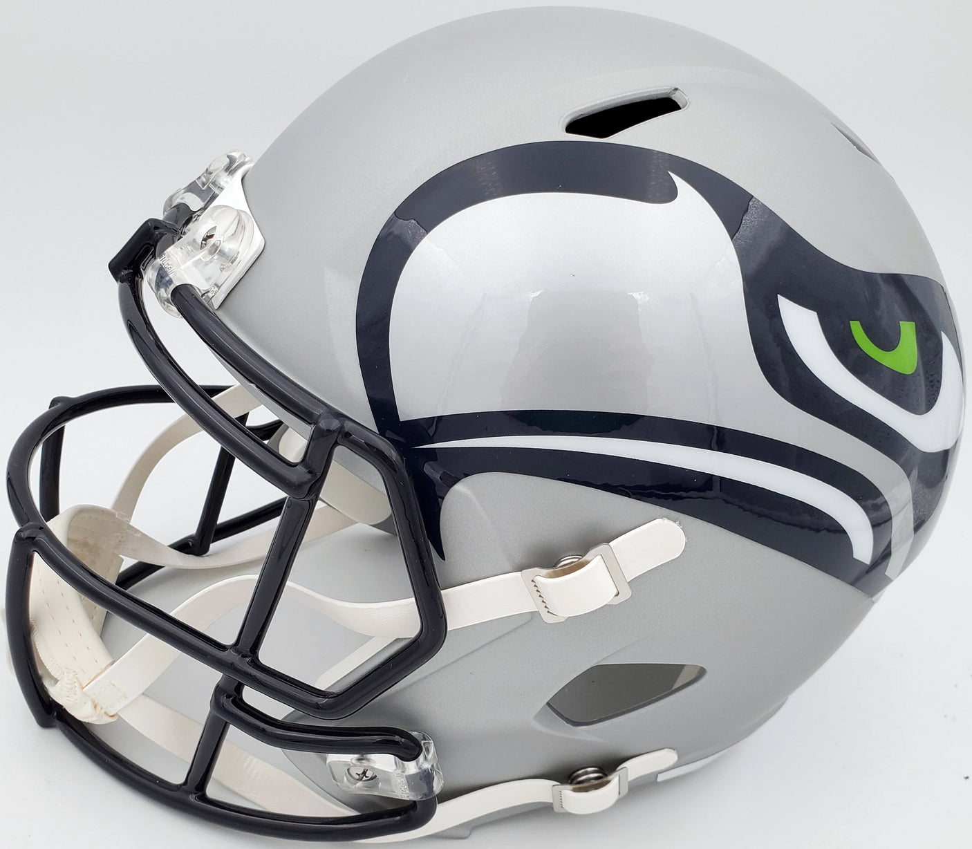 Russell Wilson Autographed Seattle Seahawks Gray AMP Full Size Speed Replica Helmet In Blue RW Holo Stock #159113