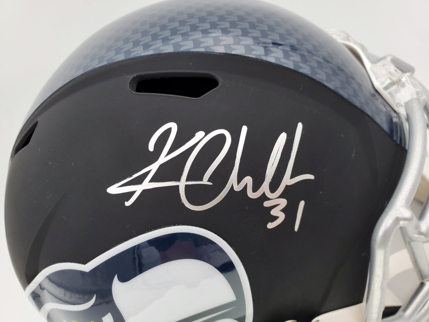 Kam Chancellor Autographed Seattle Seahawks Flat Matte Black Full Size Replica Helmet In Silver MCS Holo Stock #148370