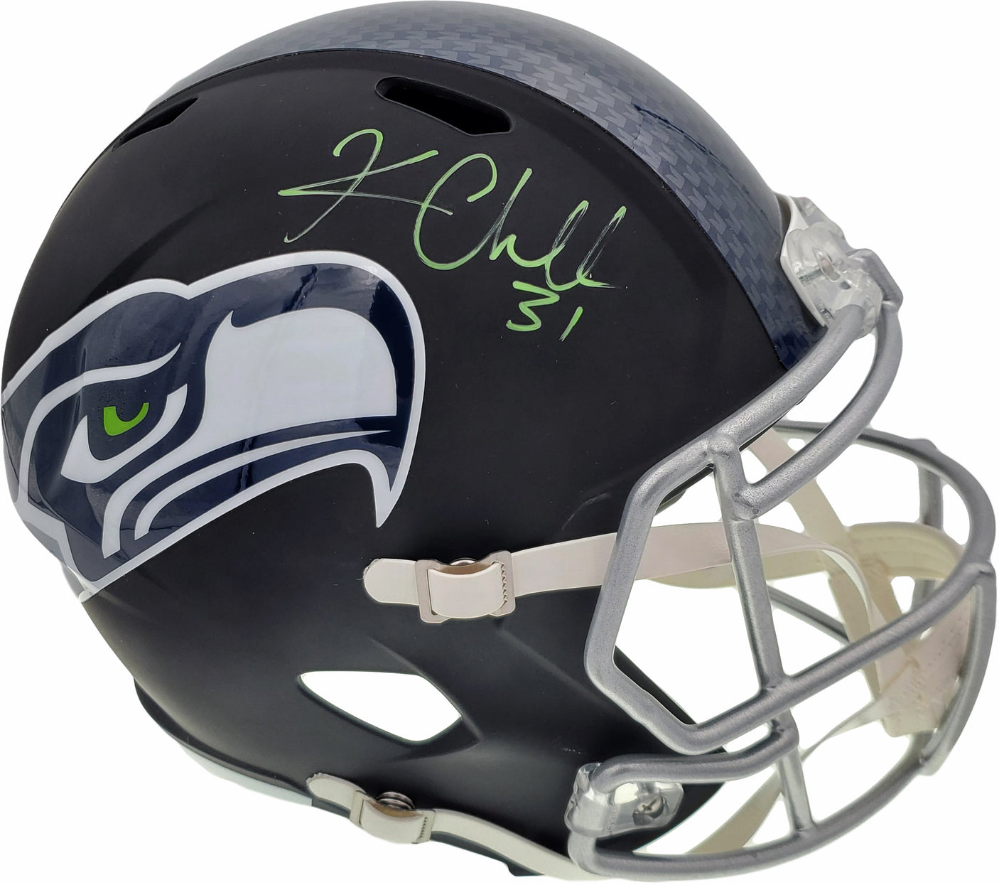 Kam Chancellor Autographed Seattle Seahawks Flat Matte Black Full Size Replica Helmet In Green MCS Holo Stock #148369