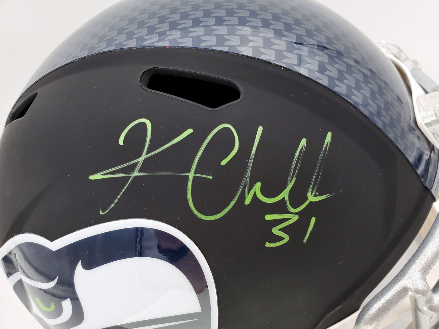 Kam Chancellor Autographed Seattle Seahawks Flat Matte Black Full Size Replica Helmet In Green MCS Holo Stock #148369