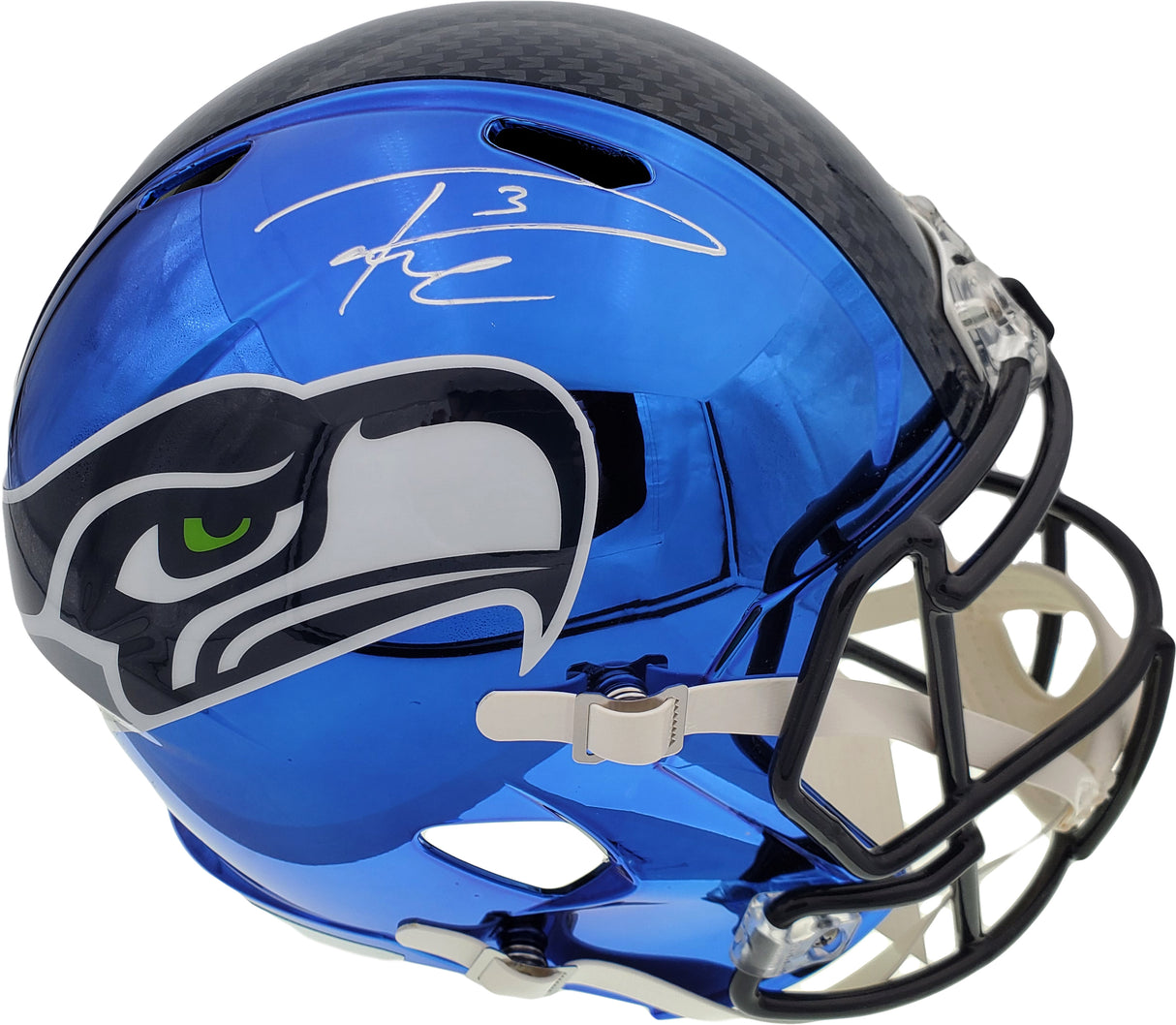 Russell Wilson Autographed Seattle Seahawks Blue Chrome Speed Full Size Replica Helmet In Silver RW Holo Stock #145841