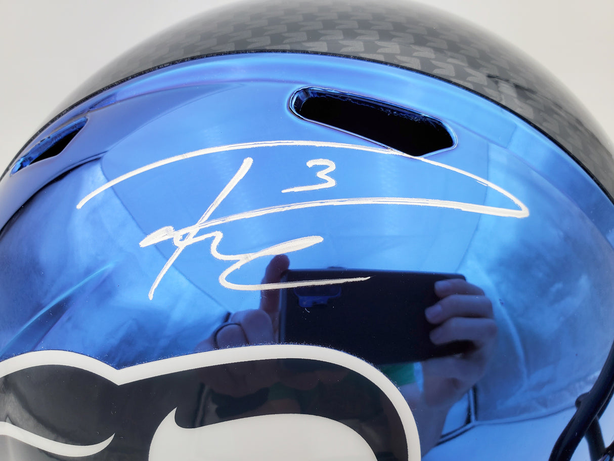 Russell Wilson Autographed Seattle Seahawks Blue Chrome Speed Full Size Replica Helmet In Silver RW Holo Stock #145841
