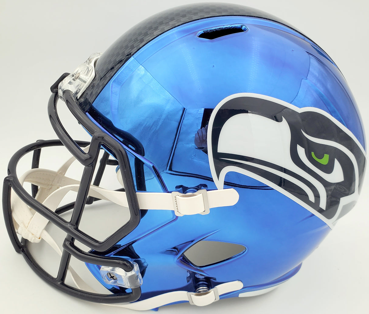 Russell Wilson Autographed Seattle Seahawks Blue Chrome Speed Full Size Replica Helmet In Silver RW Holo Stock #145841