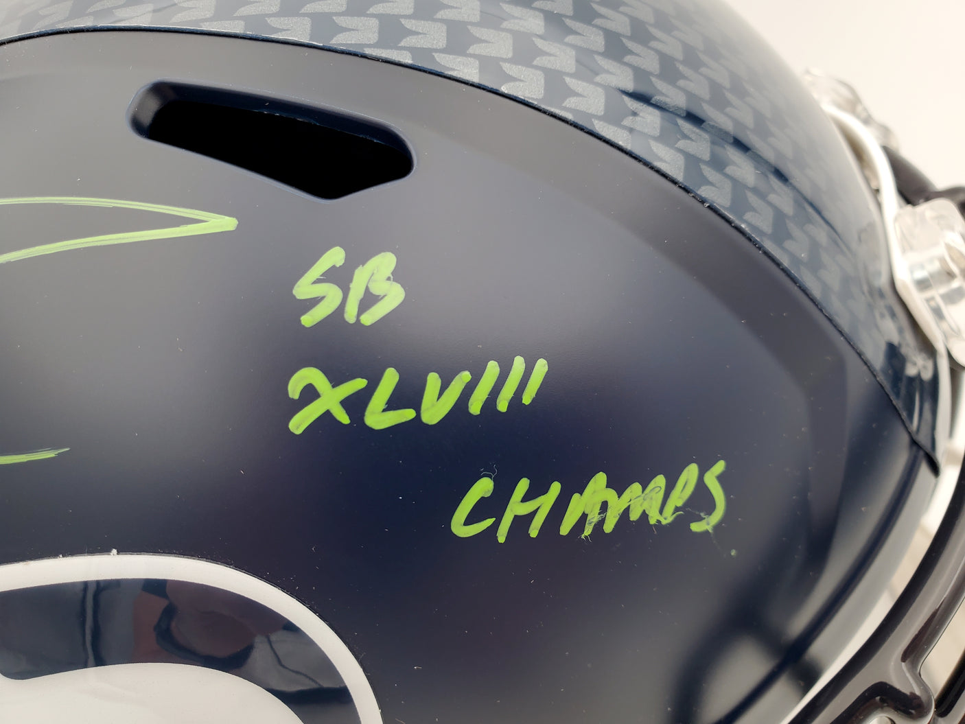 Russell Wilson Autographed Seattle Seahawks Full Size Replica Speed Helmet "SB XLVIII Champs" In Green RW Holo Stock #94267