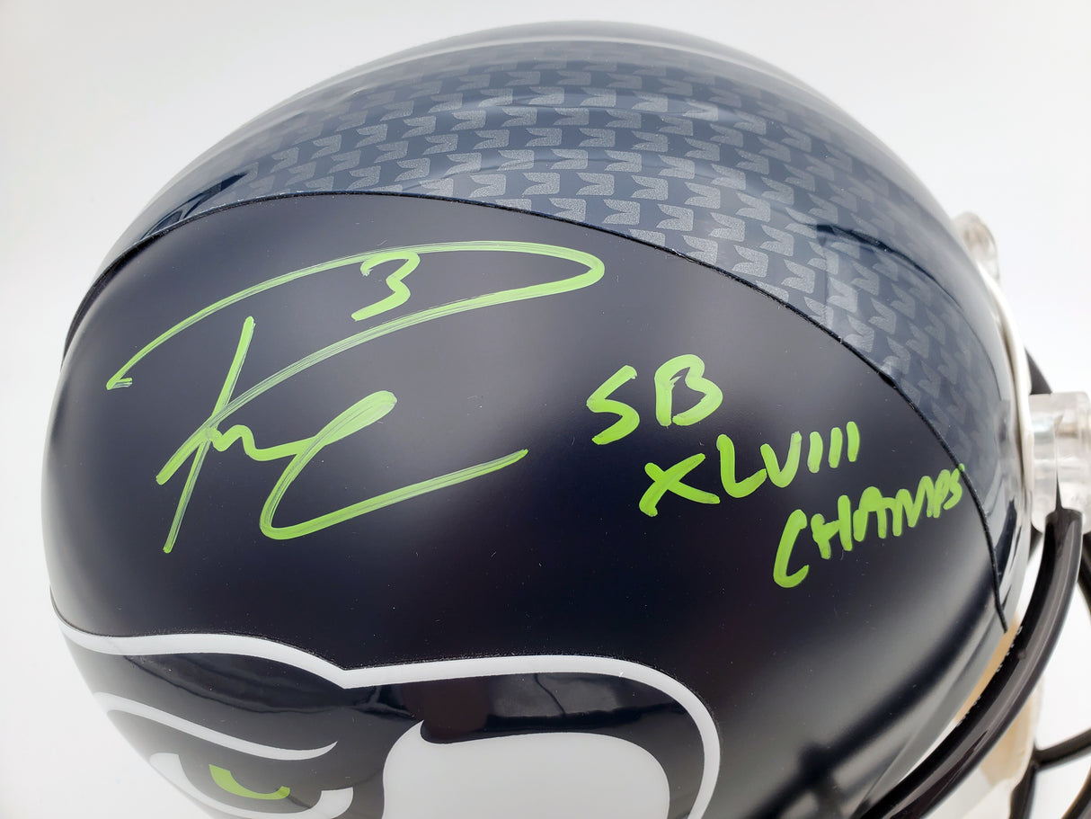Russell Wilson Autographed Seattle Seahawks Super Bowl Full Size Replica Helmet "SB XLVIII Champs" In Green RW Holo Stock #72350