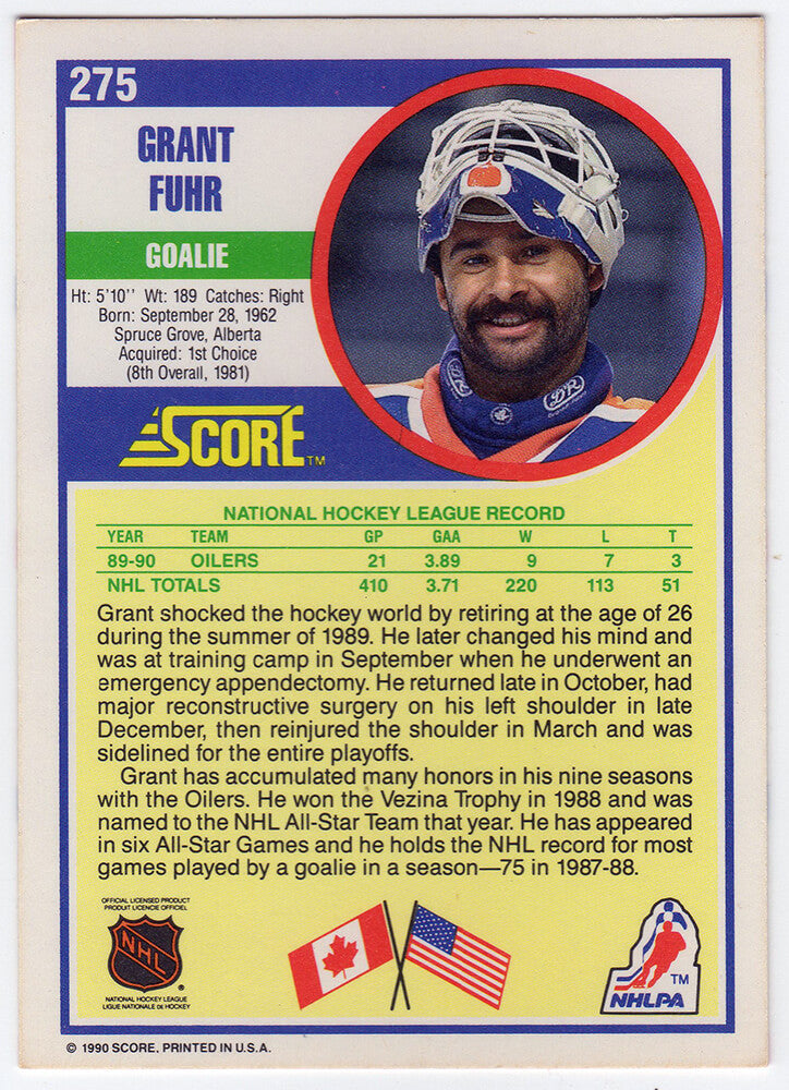 Grant Fuhr Signed Edmonton Oilers 1990-91 Score Hockey Trading Card #275 w/HOF'03