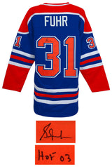 Grant Fuhr Signed Blue Throwback Custom Hockey Jersey w/HOF'03