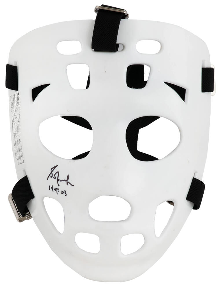 Grant Fuhr Signed White Throwback Hockey Goalie Mask With Black Straps w/HOF'03