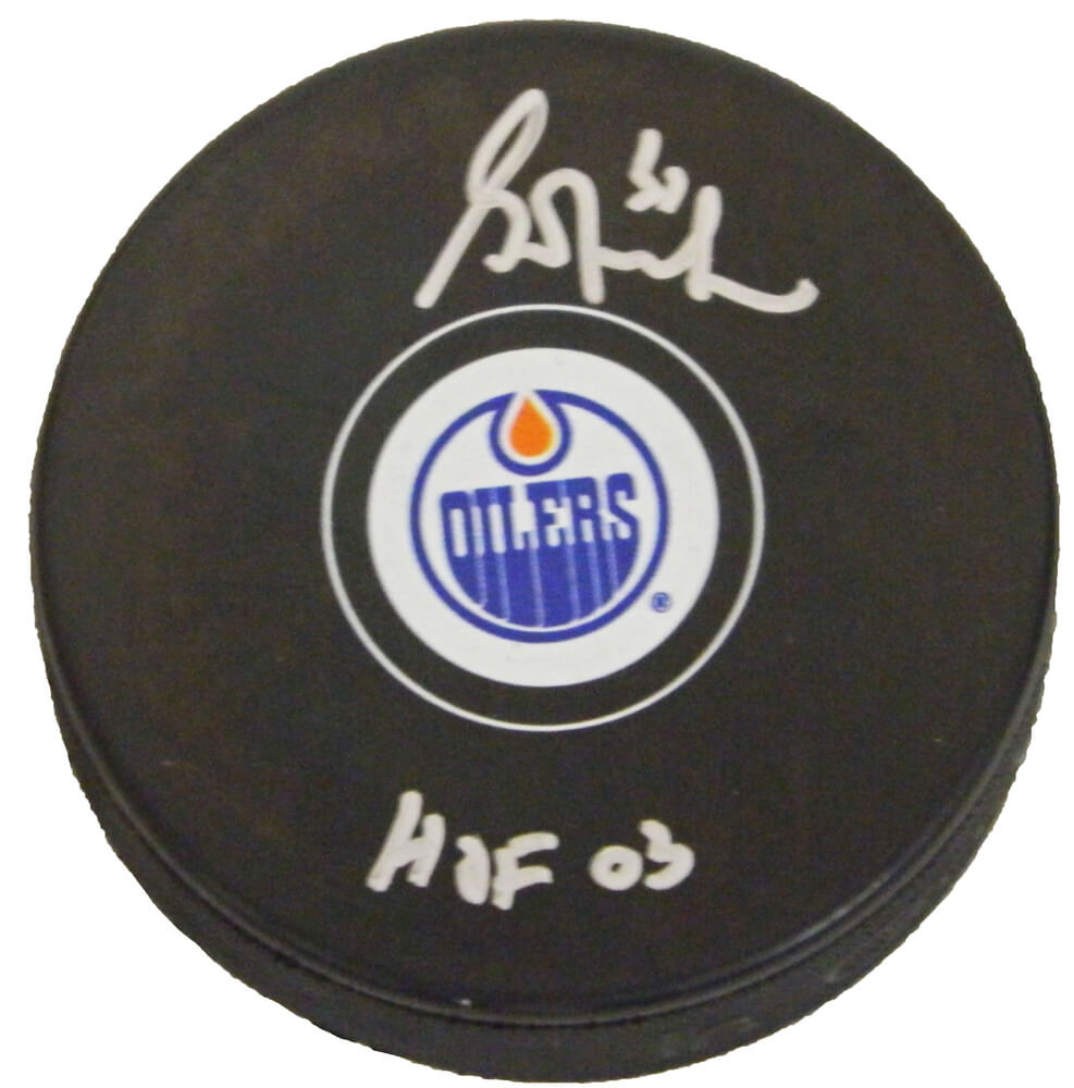 Grant Fuhr Signed Edmonton Oilers Logo Hockey Puck w/HOF 03