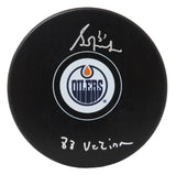 Grant Fuhr Signed Edmonton Oilers Logo Hockey Puck w/88 Vezina