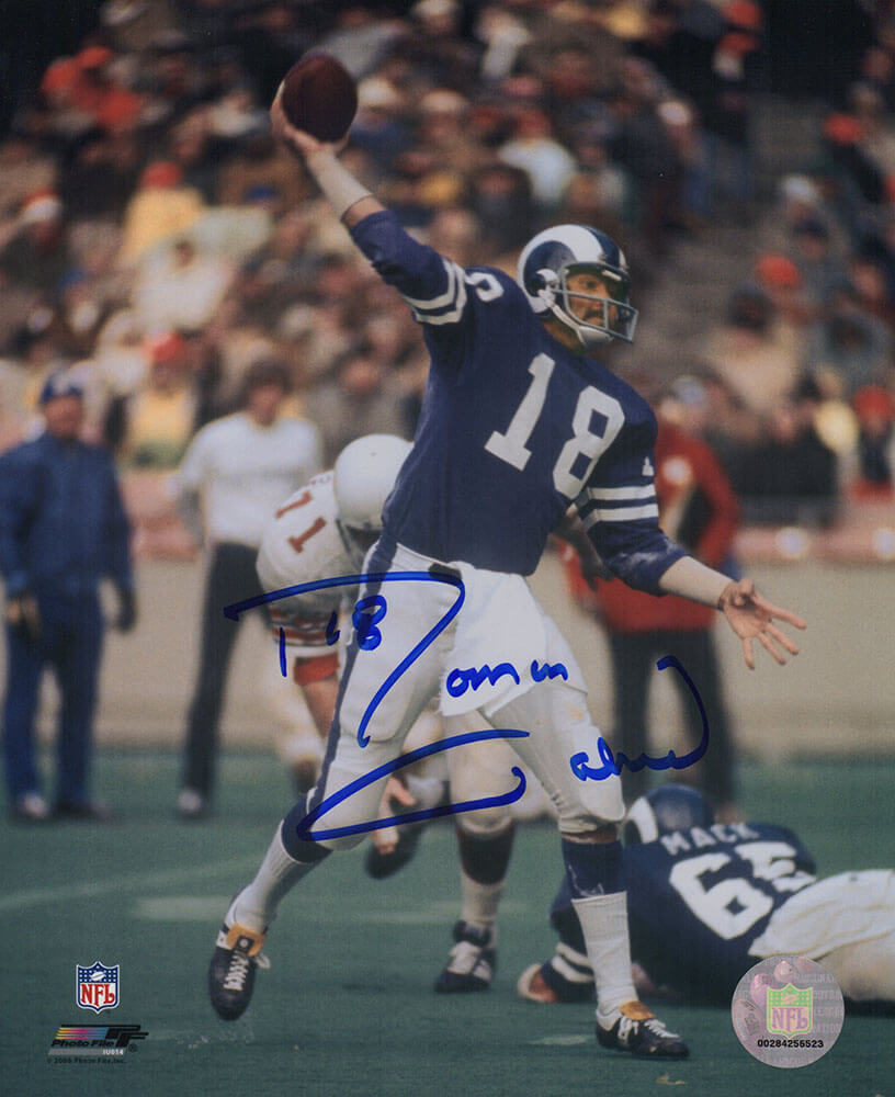 Roman Gabriel Signed Los Angeles Rams Blue Jersey Passing 8x10 Photo
