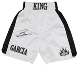 Ryan Garcia Signed King Ryan White With Black Trim Custom Boxing Trunks - (Beckett)