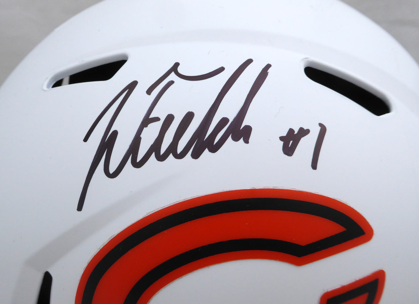Justin Fields Autographed White Lunar Eclipse Full Size Speed Replica Helmet Chicago Bears Beckett BAS QR #W995779