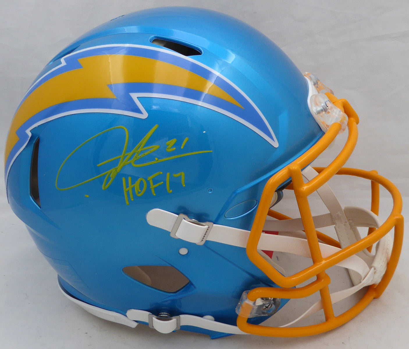 LaDainian Tomlinson Autographed Blue Flash Full Size Speed Authentic Helmet San Diego Chargers "HOF 17" (Smudged) Beckett BAS QR #BH038582