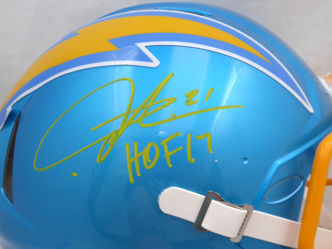 LaDainian Tomlinson Autographed Blue Flash Full Size Speed Authentic Helmet San Diego Chargers "HOF 17" (Smudged) Beckett BAS QR #BH038582