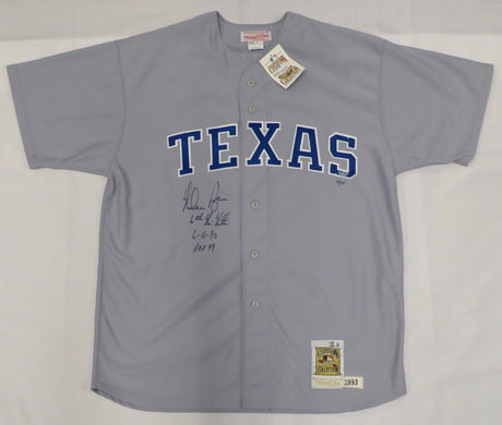 Texas Rangers Nolan Ryan Autographed Gray Authentic Mitchell & Ness Jersey "6th No Hitter 6-11-90, HOF 99" LE #/34 Beckett BAS QR #BN14531