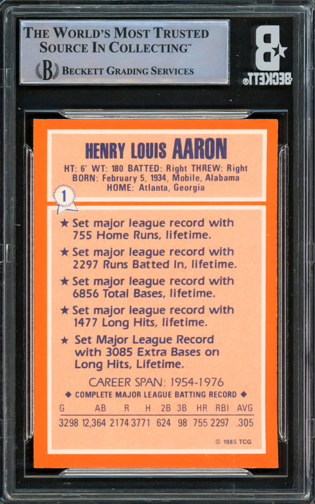 Hank Aaron Autographed 1985 Topps Woolworth's Card #1 Atlanta Braves Beckett BAS #16545453