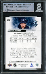 Matty Beniers Autographed 2022 Upper Deck Young Guns Rookie Card #213 Seattle Kraken Beckett BAS #16545466