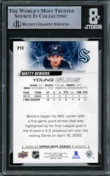 Matty Beniers Autographed 2022 Upper Deck Young Guns Rookie Card #213 Seattle Kraken Beckett BAS #16545466