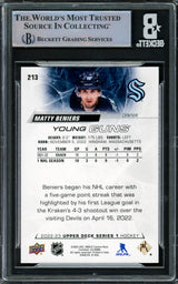 Matty Beniers Autographed 2022 Upper Deck Young Guns Rookie Card #213 Seattle Kraken Beckett BAS #16545461