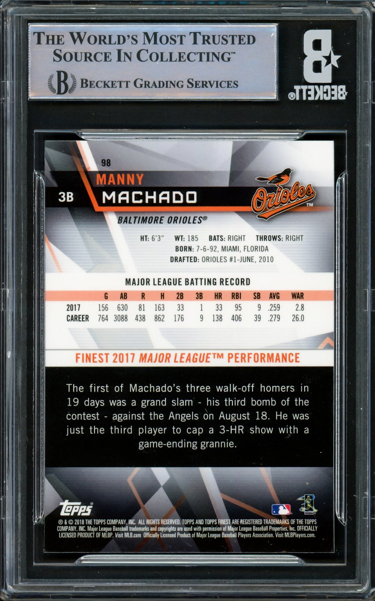 Manny Machado Autographed 2018 Topps Finest Card #98 Baltimore Orioles Beckett BAS #16545604