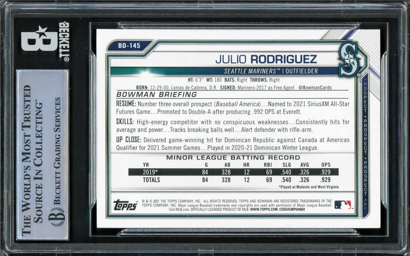 Julio Rodriguez Autographed 2021 Bowman Draft Card #BD145 Seattle Mariners Beckett BAS #16545719