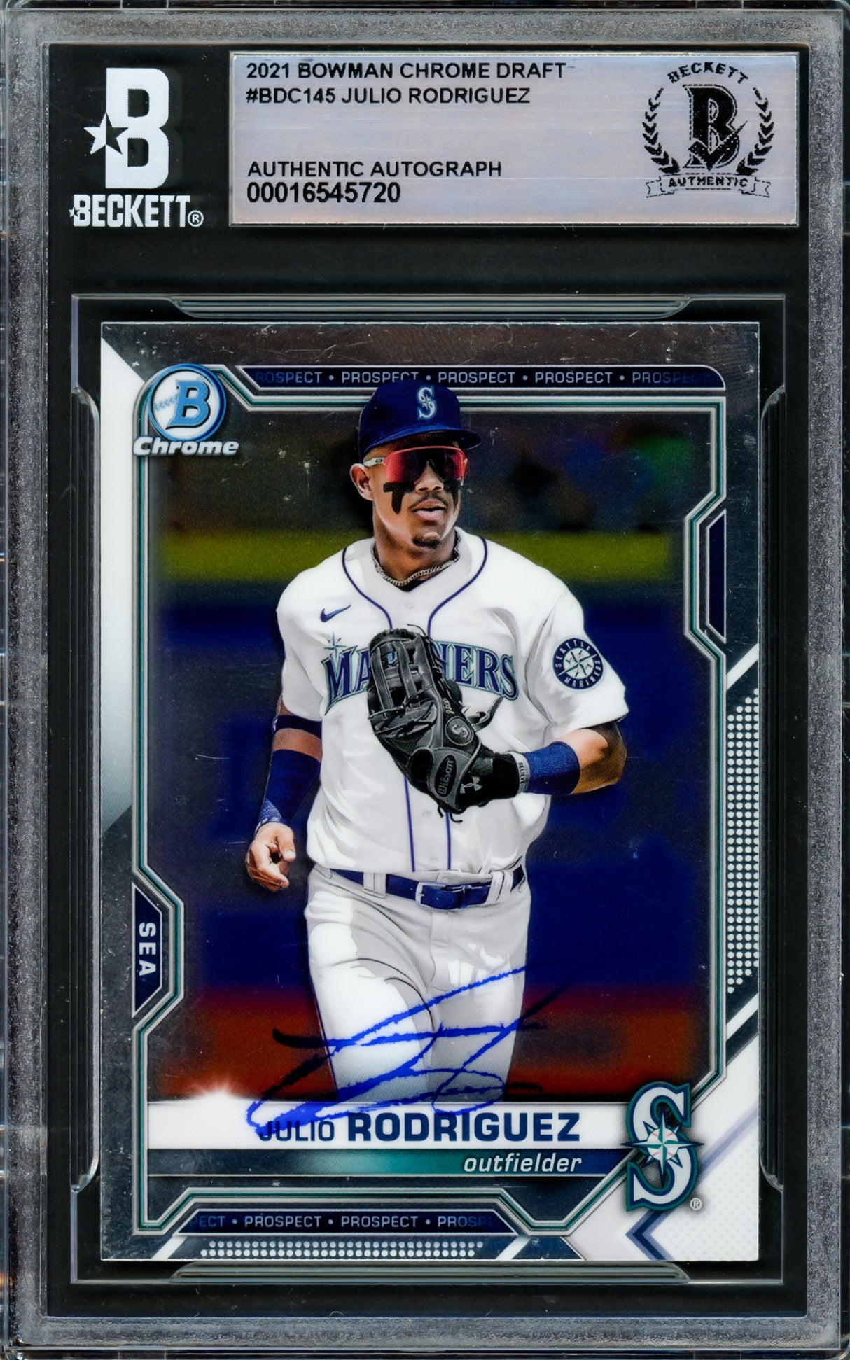 Julio Rodriguez Autographed 2021 Bowman Chrome Draft Card #BDC145 Seattle Mariners Beckett BAS #16545720
