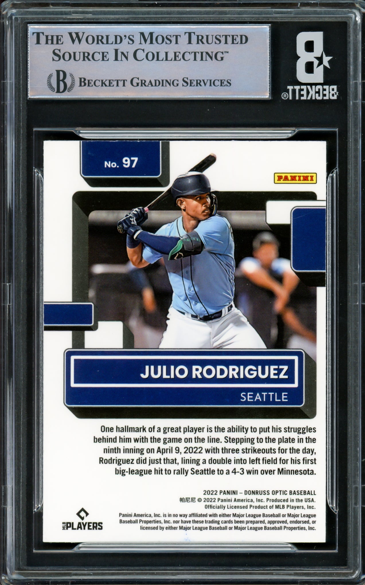 Julio Rodriguez Autographed 2022 Donruss Optic Rookie Card #97 Seattle Mariners Beckett BAS #16545769