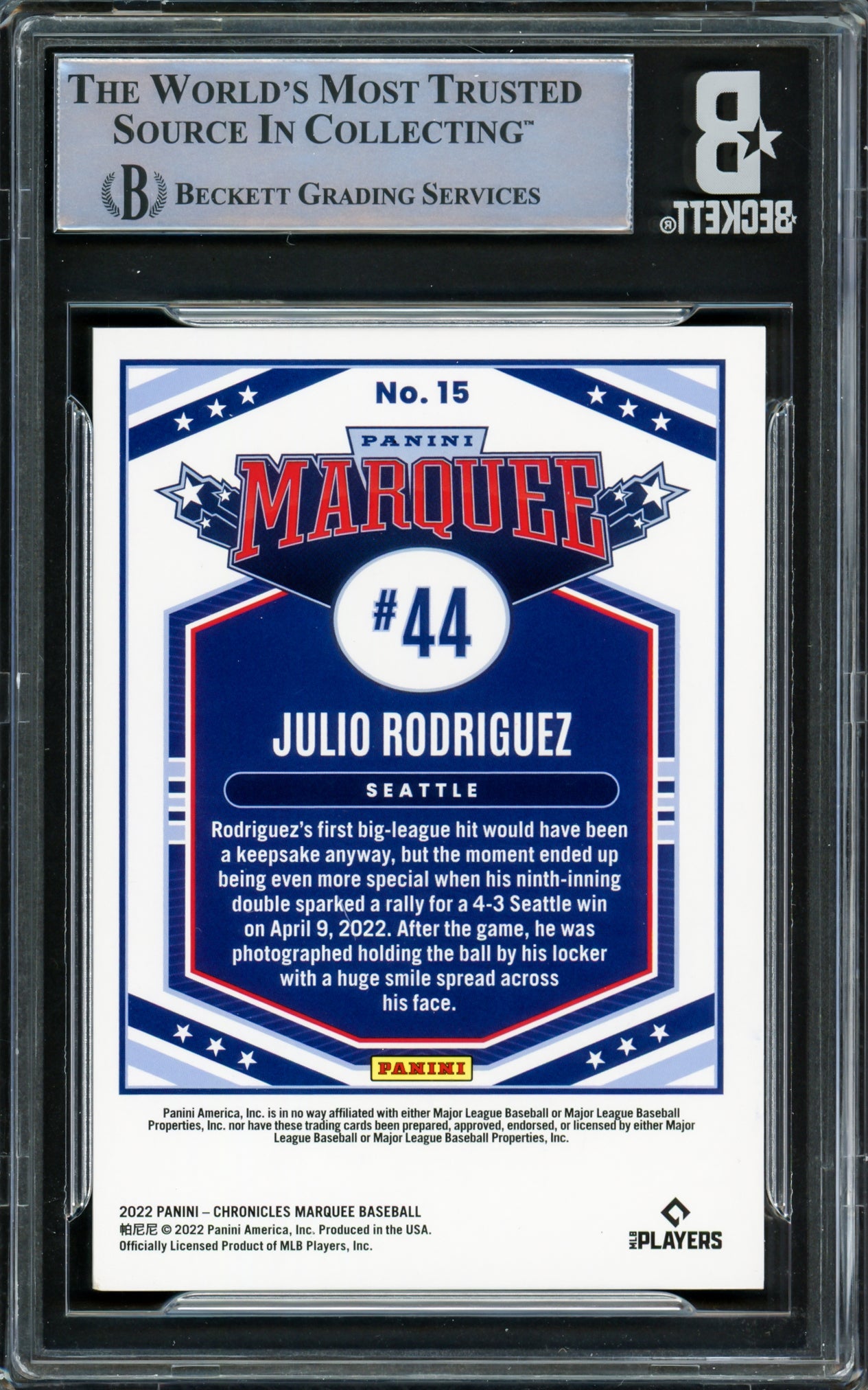 Julio Rodriguez Autographed 2022 Chronicles Marquee Rookie Card #15 Seattle Mariners Beckett BAS #16545772