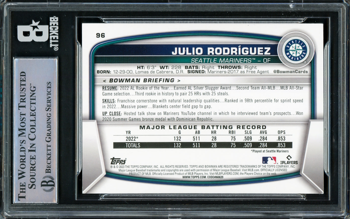 Julio Rodriguez Autographed 2023 Bowman Card #96 Seattle Mariners Beckett BAS #16545785